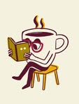 Ilustración de una taza de café leyendo un libro en un taburete