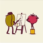 Ilustración de un grano de café pintando el retrato de un tomate
